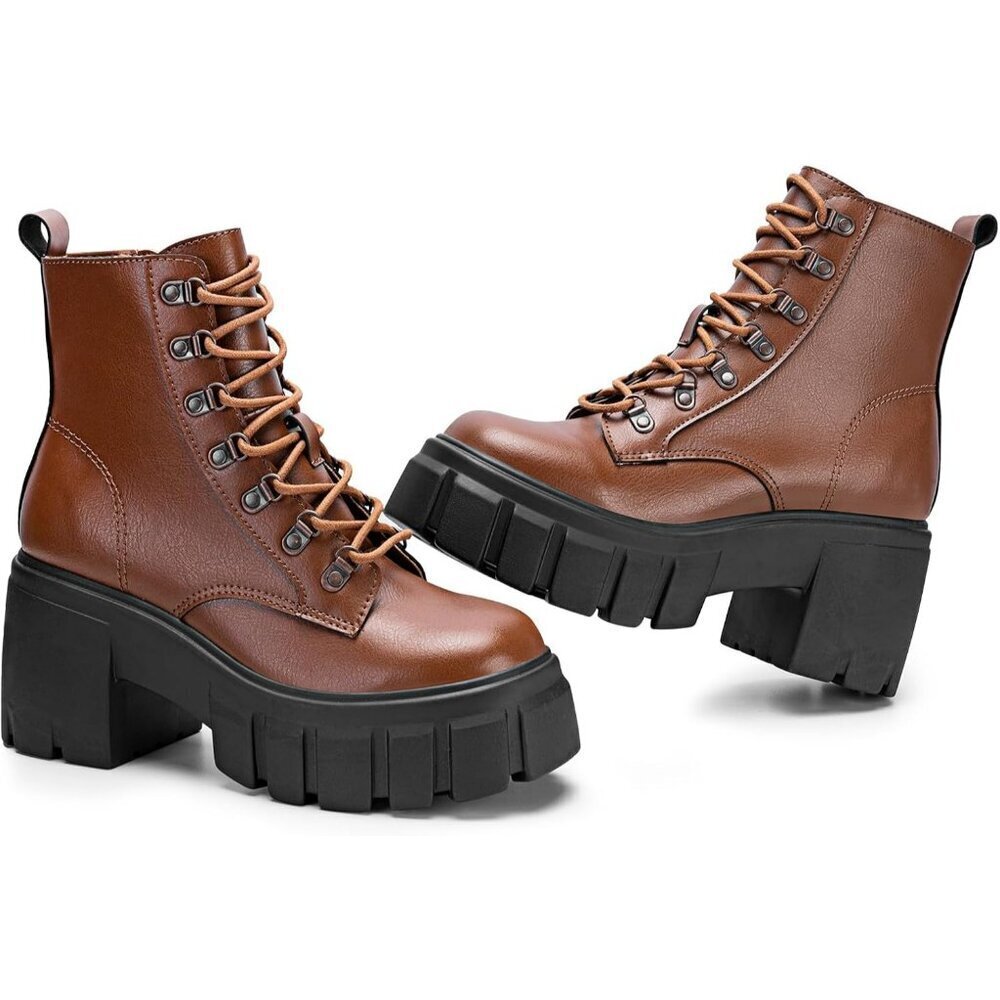 Women’s Combat Brown Lace up Side Zipper High Heel Chunky Ankle Lug Sole Booties